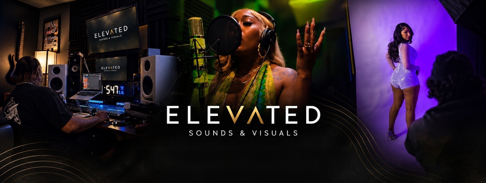 Elevated Sounds & Visuals: an engineer at the console, a vocalist in the booth, and a photo shoot on set