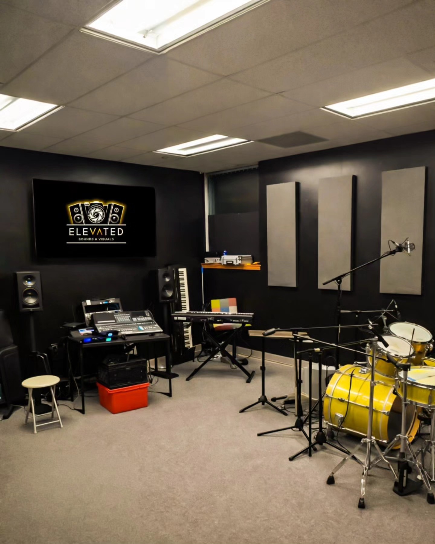 The Elevated Live Room with drum kit, keyboards, mixer and monitors